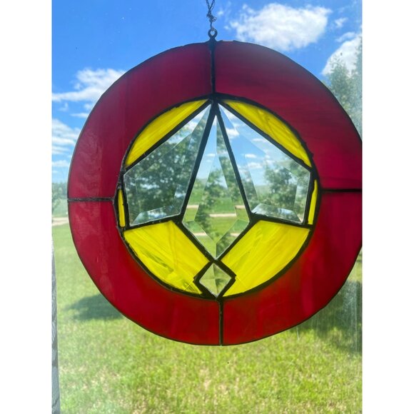 Antique Arts & Crafts Era Round Leaded Beveled Stain Glass Panel Some Damage - Picture 10 of 14